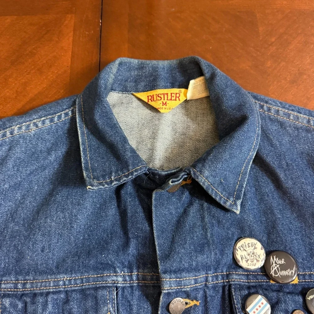 Vintage Rustler Denim Trucker‎ Jacket M Mickey's Get Stung Patch Punk Pins read